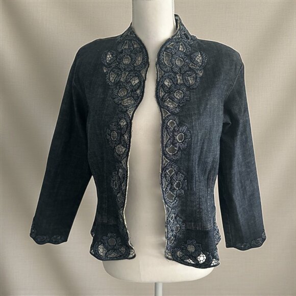 CHICOS Platinum Beaded Embellished Denim Jacket Size Chicos 1 / US Medium 8 - Picture 1 of 8